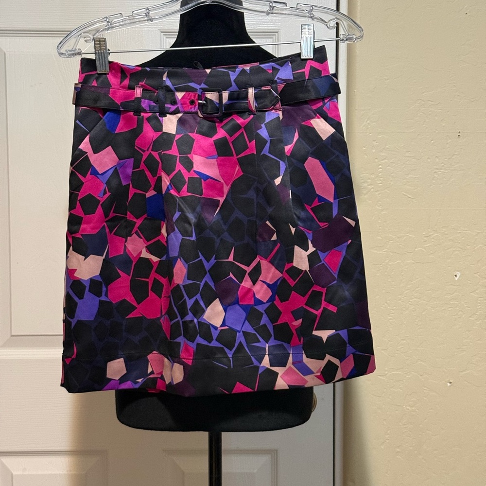 Women’s Abstract Print A-Line Mini Skirt with Belt - Pink & Purple